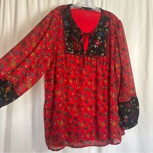 Kensie Floral Red Long Sleeve Blouse Womens 3x Colorful Classy Feminine Office